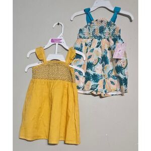 🦋Tommy Bahama Kids 12M Yellow Swiss Dot Dress & Tropical Fruit Romper Set🩷🩵